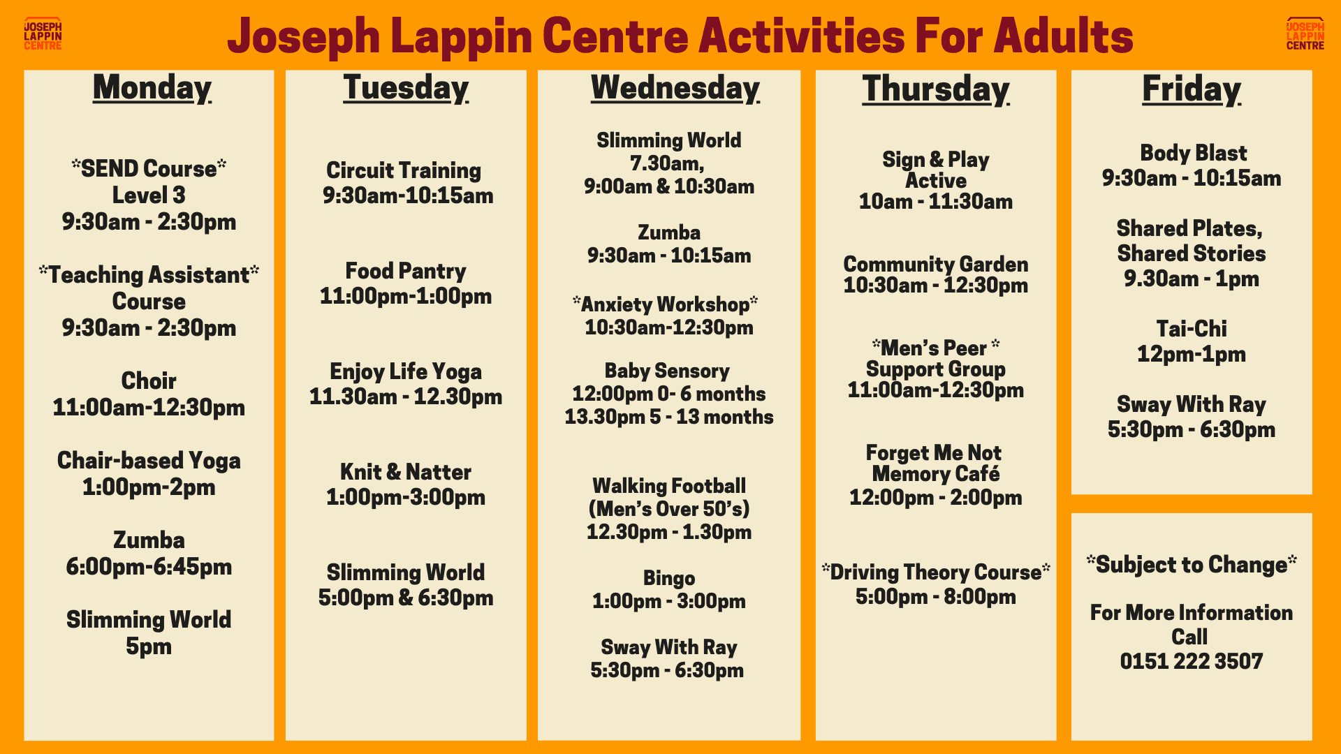 Joseph Lappin Centre activities for adults timetable