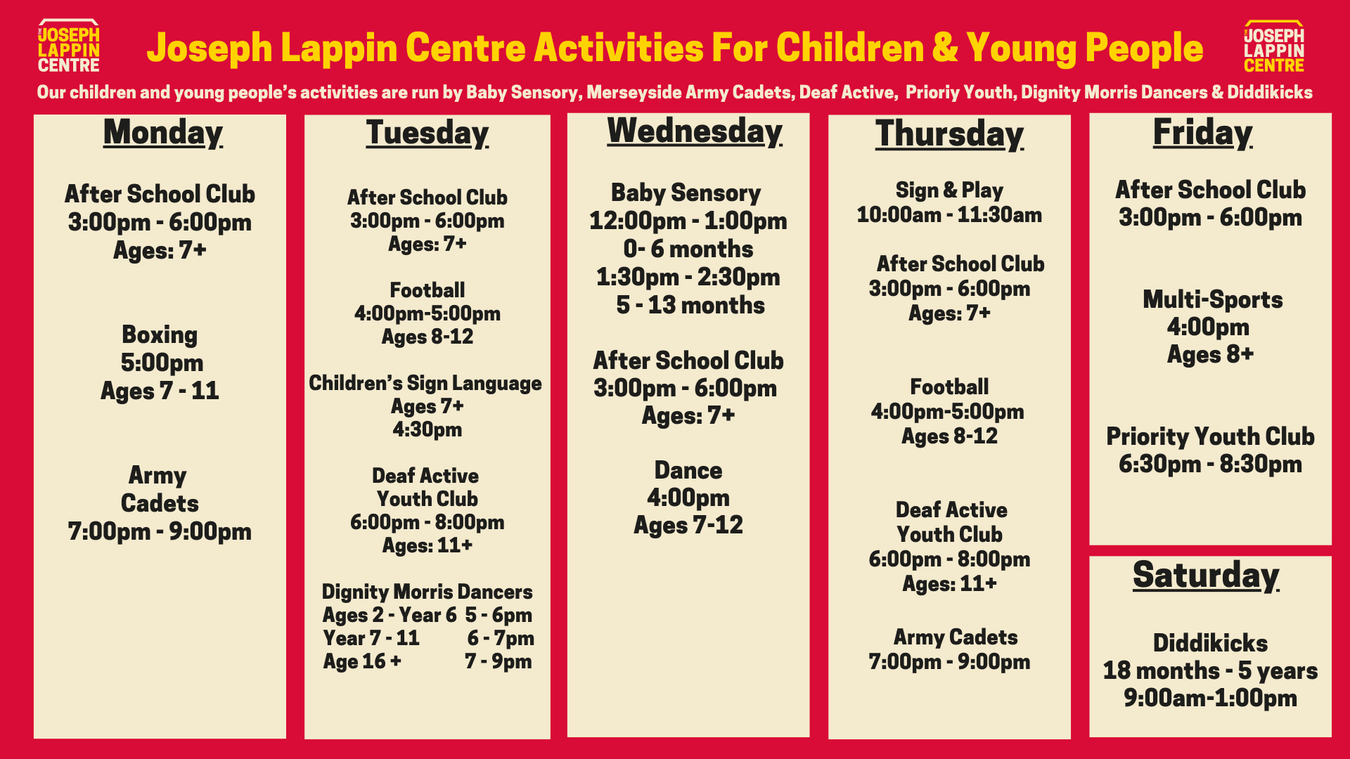 Joseph Lappin Centre activities for children and young people timetable